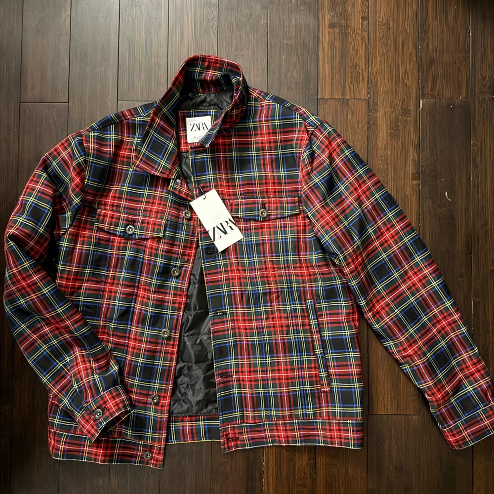 Zara Red and Blue Lightweight Shirt Jacket